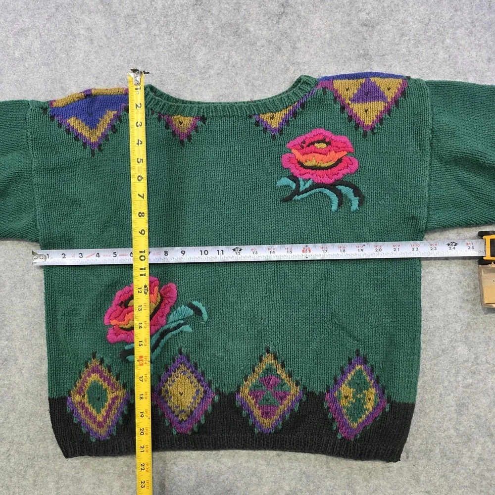 Jennifer Reed Sweater Womens Medium Green Ramie Cotton Rose Argyle Knit Pullover